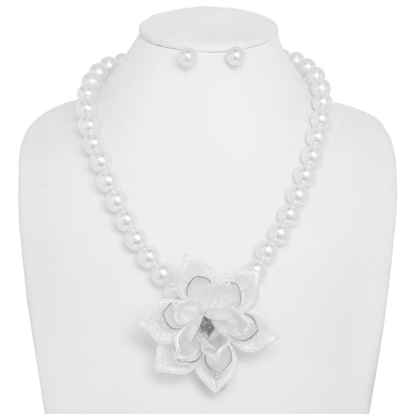 SILVER WHITE PEARL NECKLACE SET FLOWER ( 163 RWH )