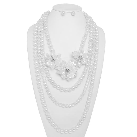 WHITE PEARL NECKLACE SET FLOWER ( 164 RWH )