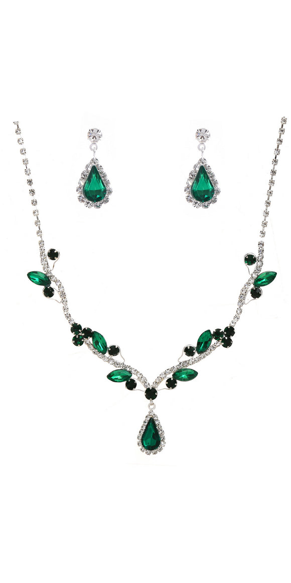 SILVER NECKLACE SET CLEAR EMERALD STONES ( 20040 CLEMSV )