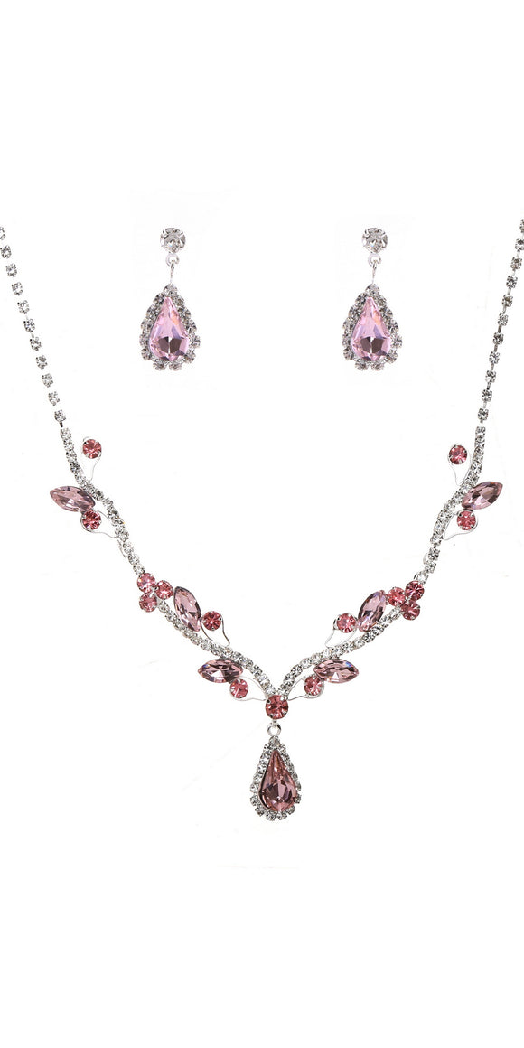 SILVER NECKLACE SET CLEAR ROSE COLORED STONES ( 20040 CLROSV )