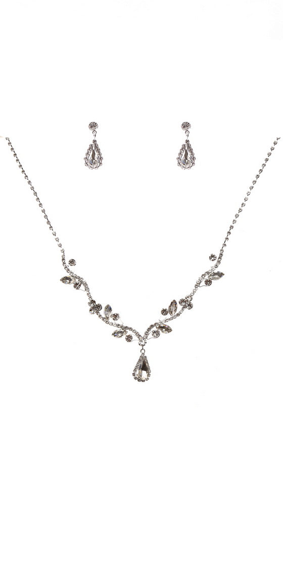 SILVER NECKLACE SET CLEAR STONES ( 20040 CLSV )