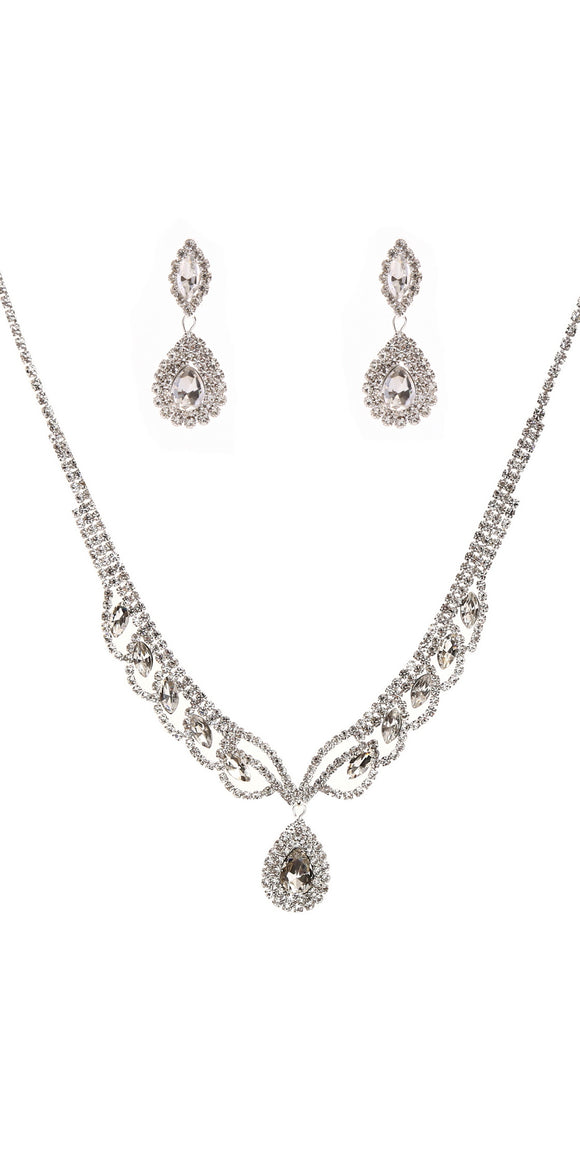 SILVER NECKLACE SET CLEAR STONES ( 22344 CLSV )
