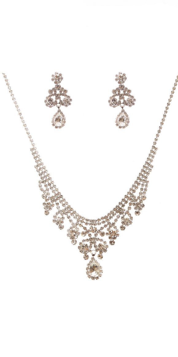 SILVER RHINESTONE NECKLACE SET CLEAR STONES ( 22357 CLSV )