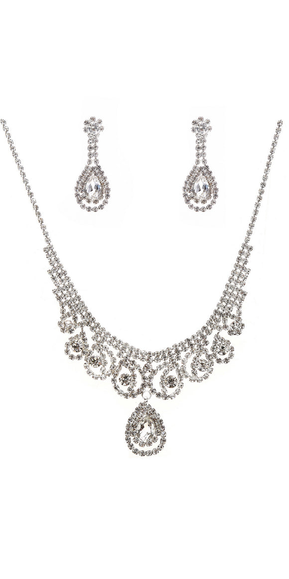 SILVER NECKLACE SET CLEAR RHINESTONES ( 22358 CLSV )