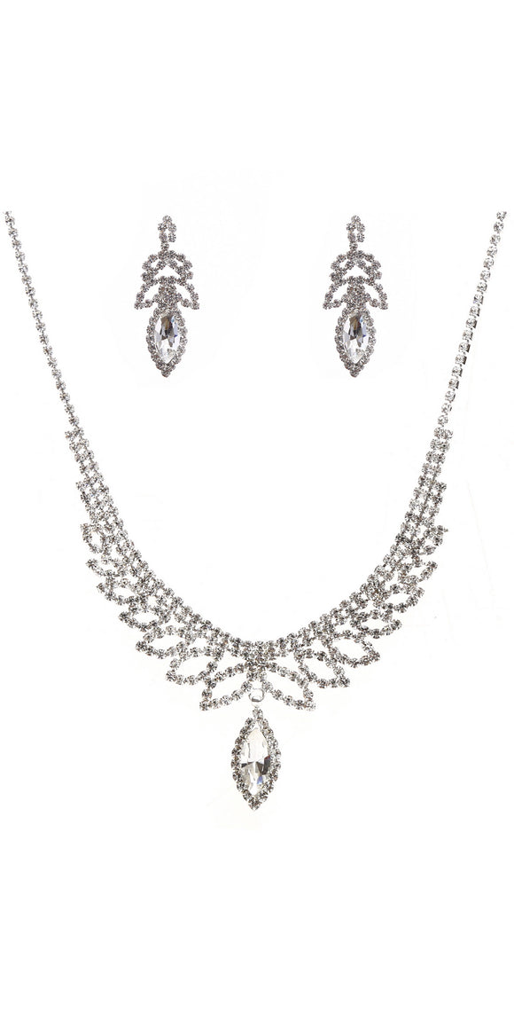 SILVER CLEAR RHINESTONE NECKLACE SET ( 22359 CLSV )