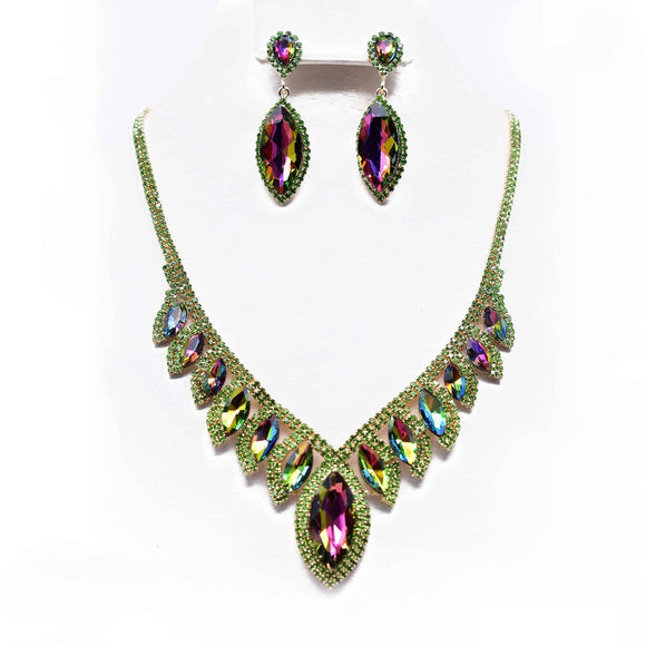 Gold Necklace Set Green Vitrail Oil Spill Color Stones ( 12234 GRB )
