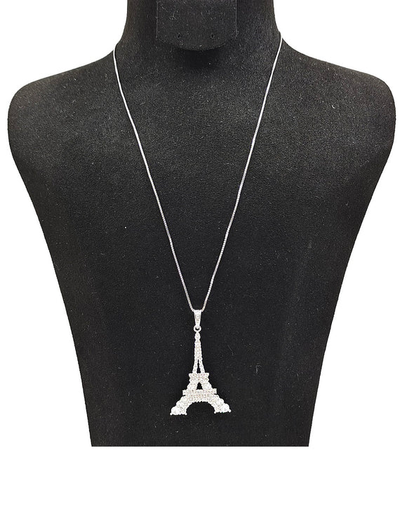 SILVER EIFFEL TOWER NECKLACE CLEAR STONES ( 0070 3C )