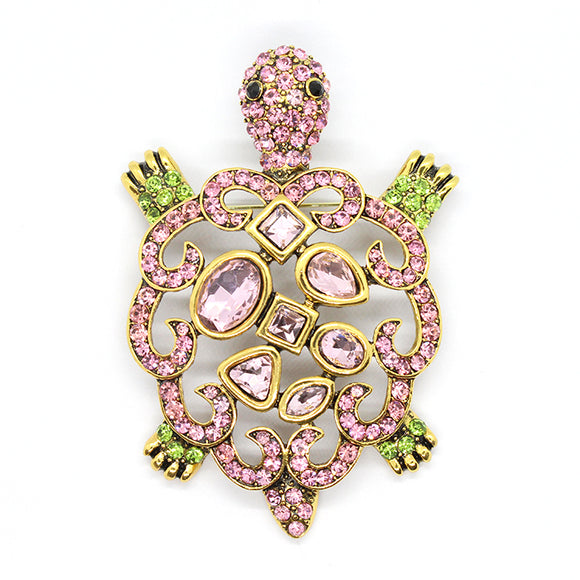 GOLD TURTLE BROOCH Pink Green STONES ( 1342 PNG )