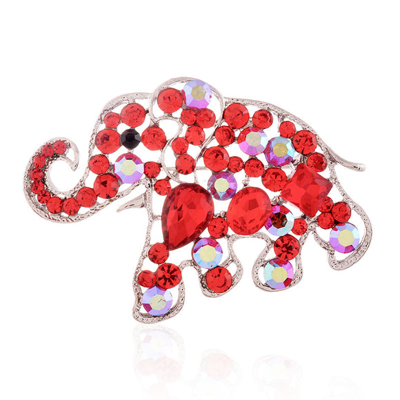 SILVER ELEPHANT BROOCH RED RHINESTONES ( 1344 SRED )