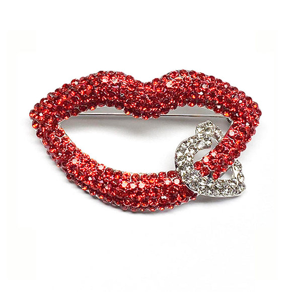 SILVER RED CLEAR LIP BROOCH ( 1376 RDCL )