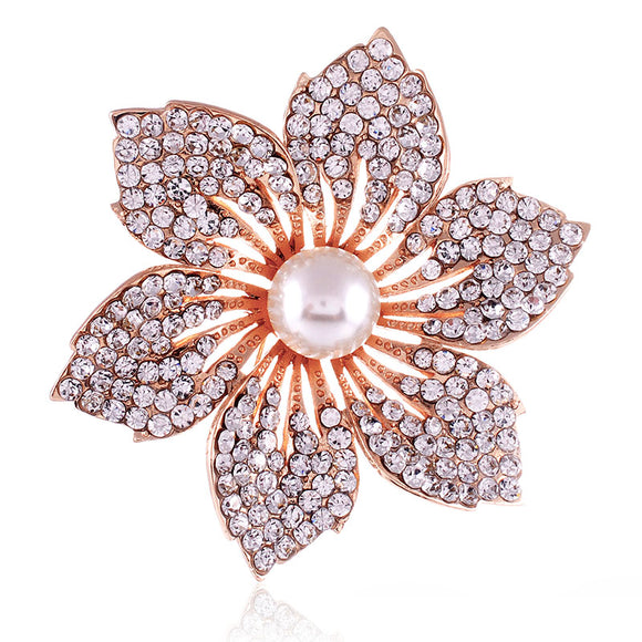GOLD FLOWER BROOCH CLEAR CREAM PEARL STONES ( 1469 GCP )