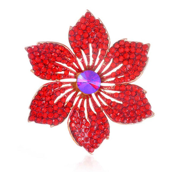 GOLD FLOWER BROOCH RED STONES ( 1469 RED )