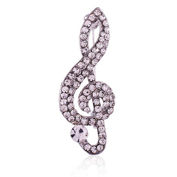 SILVER MUSIC NOTE BROOCH CLEAR STONES ( 1496 SCL )