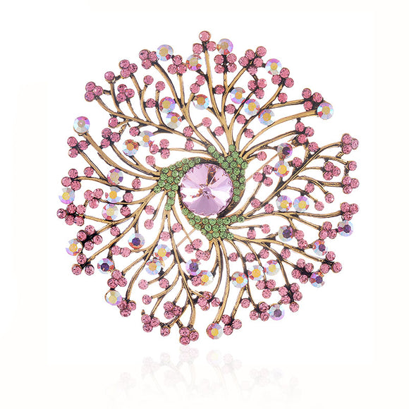 PINK AND GREEN LARGE FLOWER CRYSTAL BROOCH ( 1513 PNG )