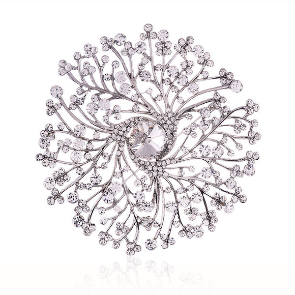 SILVER CLEAR LARGE FLOWER CRYSTAL BROOCH ( 1513 SCL )