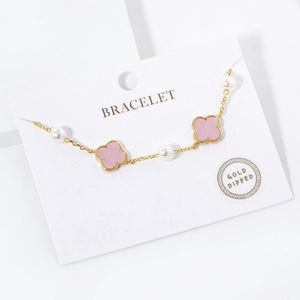 GOLD DIPPED PINK QUATREFOIL CREAM PEARL BRACELET (PB 2898 GPK )