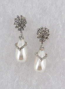 SILVER EARRINGS WHITE PEARL CLEAR STONES ( 1001 S )