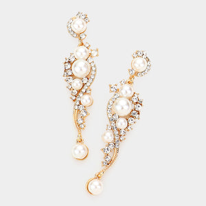 GOLD EARRINGS CLEAR STONES WHITE PEARLS ( 1192 G )