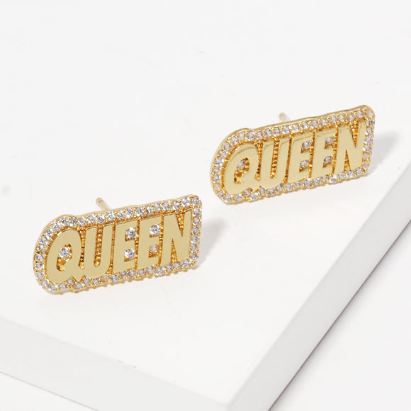 GOLD DIPPED QUEEN EARRINGS CLEAR CZ STONES ( 2694 GCR )