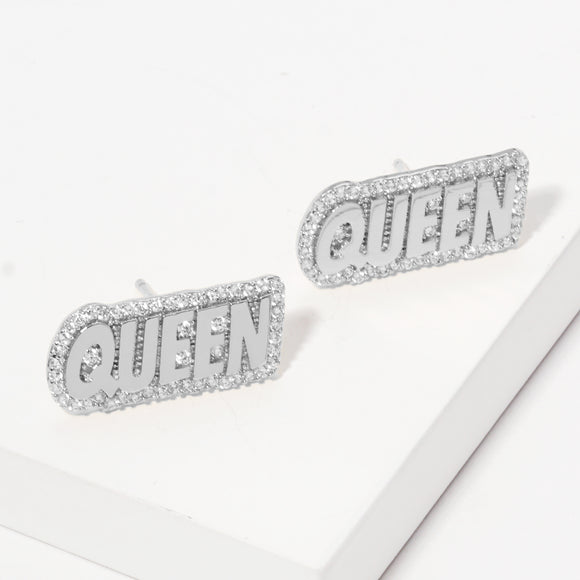 WHITE GOLD DIPPED QUEEN EARRINGS CLEAR CZ STONES ( 2694 RCR )