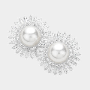 SILVER PEARL CZ STONE EARRINGS ( 3917 )