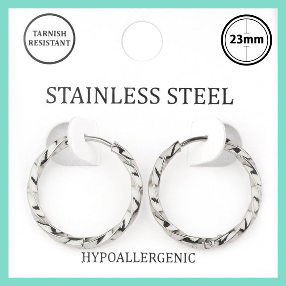 SILVER STAINLESS STEEL HUGGIE HOOP EARRINGS ( 7558 RD )
