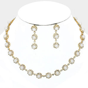 GOLD NECKLACE SET CLEAR STONES CREAM PEARLS ( 10312 G )