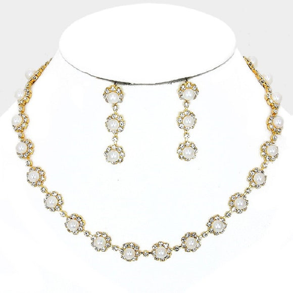 GOLD NECKLACE SET CLEAR STONES CREAM PEARLS ( 10312 G )