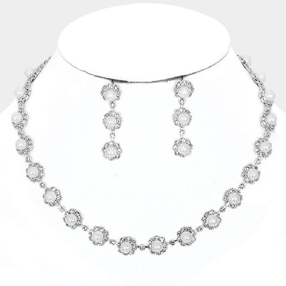 SILVER NECKLACE SET CLEAR STONES WHITE PEARLS ( 10312 S )