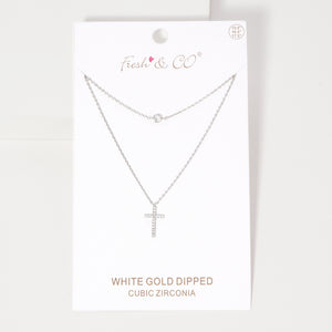 WHITE GOLD DIPPED CZ CROSS NECKLACE ( 1110 RCR )