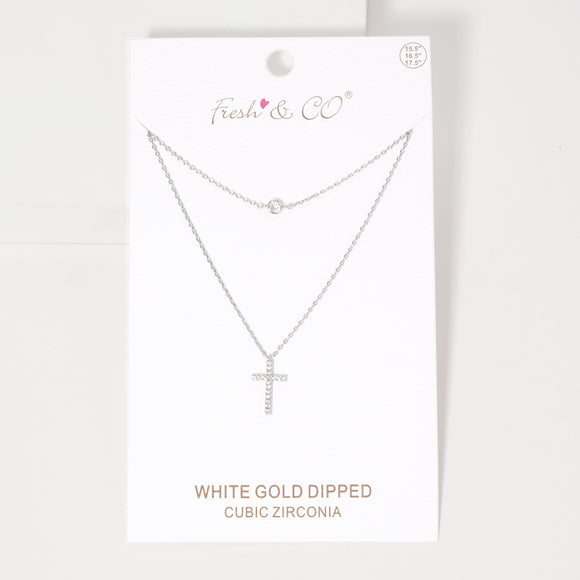 WHITE GOLD DIPPED CZ CROSS NECKLACE ( 1110 RCR )