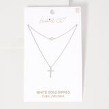 WHITE GOLD DIPPED CZ CROSS NECKLACE ( 1110 RCR )