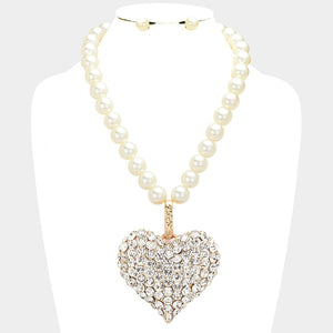 GOLD CLEAR PEARL NECKLACE SET LARGE HEART PENDANT AB STONES ( 161 GCL )