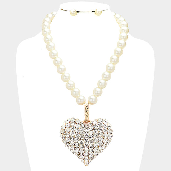 GOLD CLEAR PEARL NECKLACE SET LARGE HEART PENDANT AB STONES ( 161 GCL )