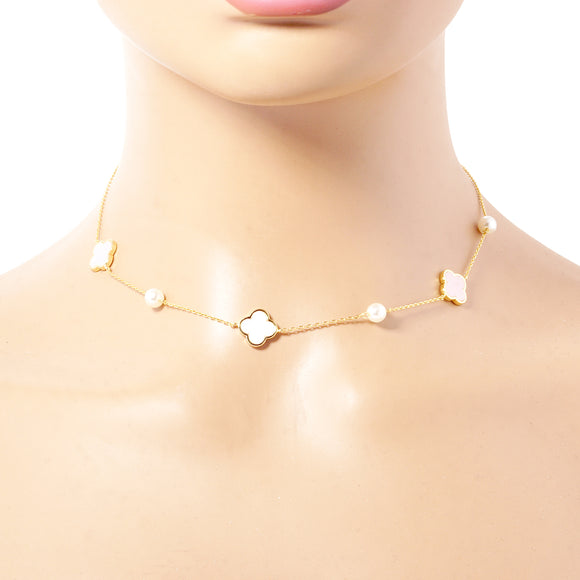GOLD DIPPED PINK QUATREFOIL NECKLACE CREAM PEARLS ( 2898 GPK )