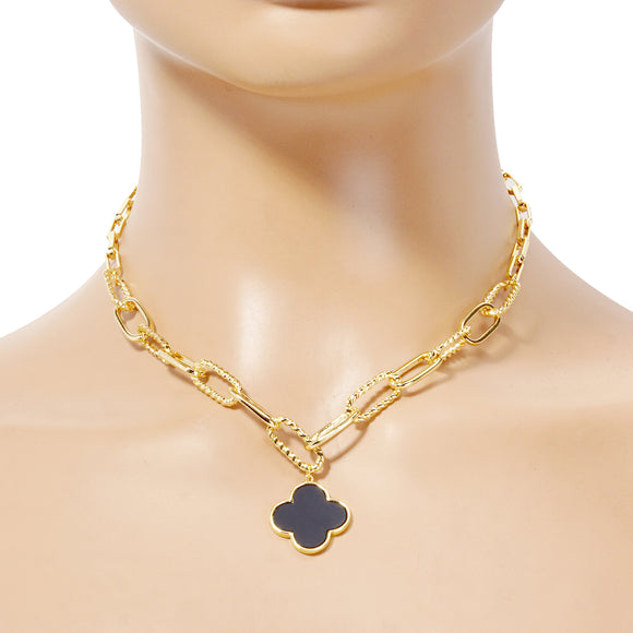 GOLD DIPPED NECKLACE BLACK QUATREFOIL ( 2899 GBK )