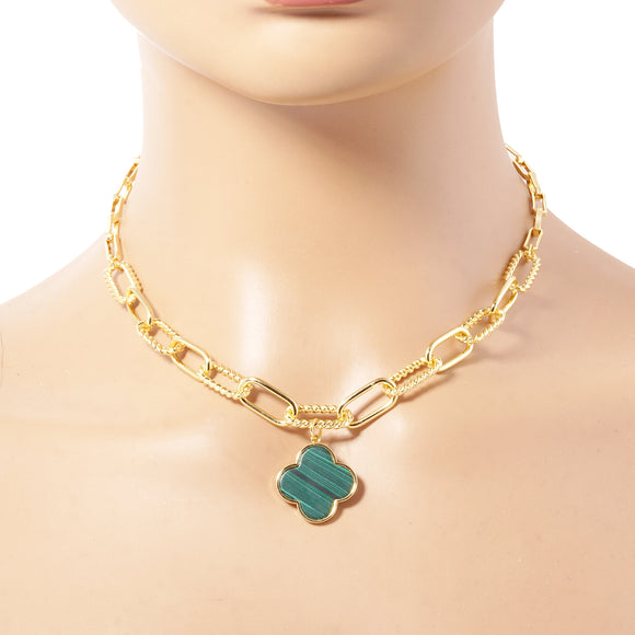 GOLD DIPPED NECKLACE GREEN QUATREFOIL ( 2899 GGN )
