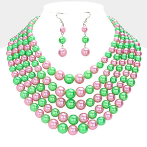 PEARL MULTI ROW NECKLACE SET PINK GREEN ( 3260 PK )