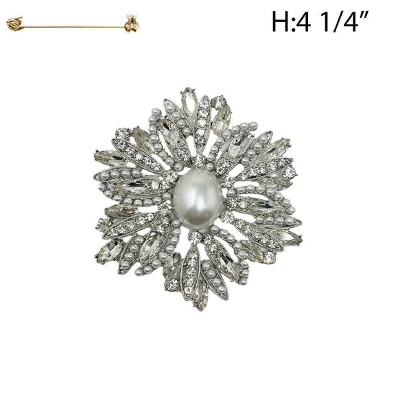 SILVER BROOCH CLEAR STONES WHITE PEARLS ( 3081 RWH )
