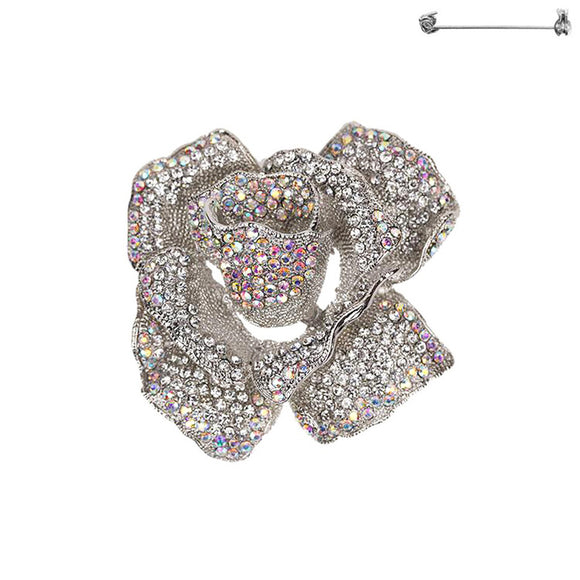 SILVER ROSE BROOCH CLEAR AB STONES ( 43 RCA )
