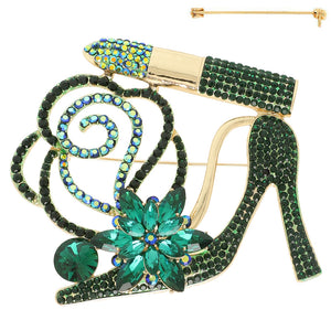 GOLD SHOE BROOCH GREEN STONES ( 5851 GGR )