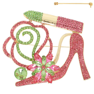 GOLD SHOE BROOCH PINK GREEN STONES ( 5851 GPL )