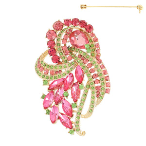 CRYSTAL STONE FASHION BROOCH GOLD PINK GREEN ( 5852 GPL )