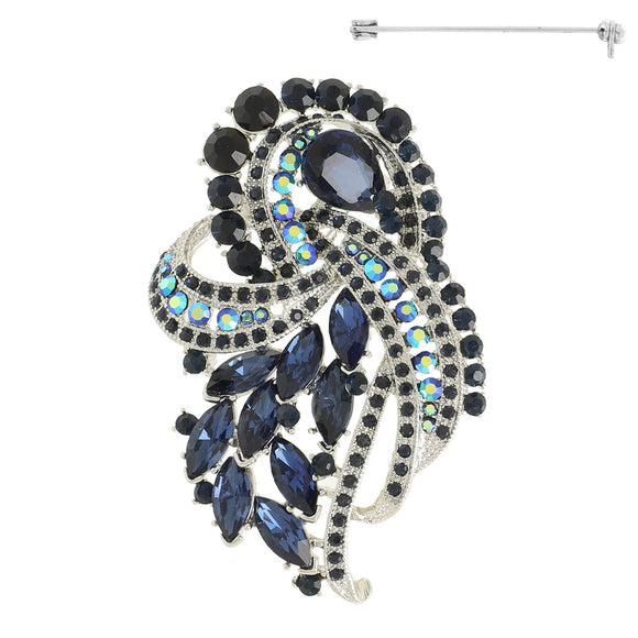 CRYSTAL STONE FASHION BROOCH SILVER NAVY BLUE ( 5852 RNV )