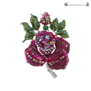 2 3/4" Silver FUCHSIA Rose Rhinestone Brooch Pin ( PQ 74 FU )