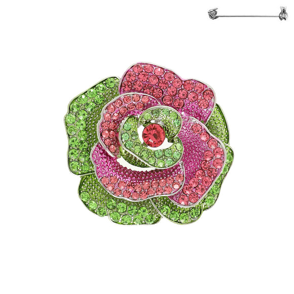 SILVER PINK GREEN ROSE BROOCH ( 76 RPL )