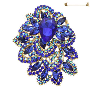 3 3/4" Gold BLUE Rhinestone Brooch ( 9112 GRY )