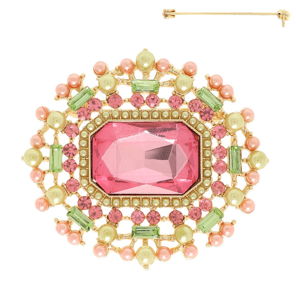 CRYSTAL RHINESTONE BROOCH PEARLS PINK GREEN ( 91 GPL )