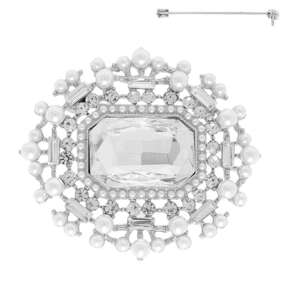 CRYSTAL RHINESTONE BROOCH PEARLS SILVER CLEAR ( 91 RWH )