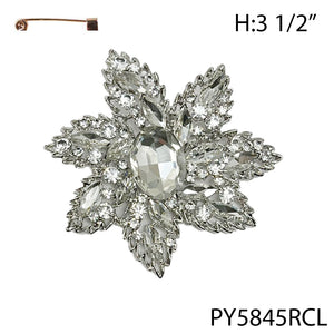 SILVER CLEAR STONE FLOWER BROOCH ( 5845 RCL )